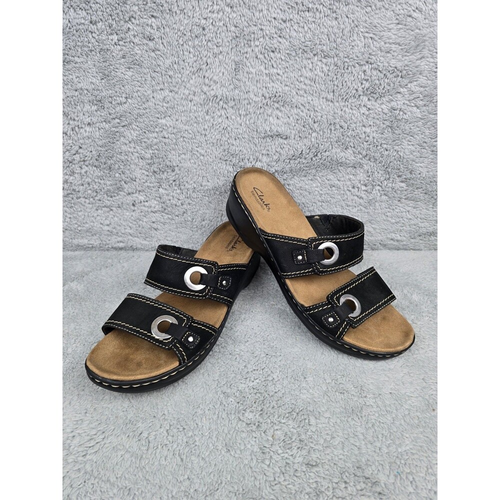 Clarks Lexi Willow Black Leather Slide Sandals Womens Size 11 Bendables